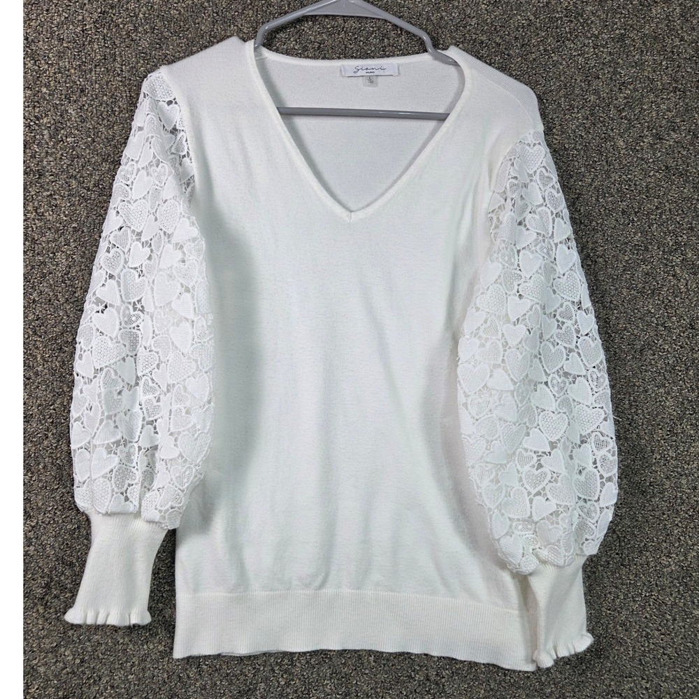 Siani Milano Sweater Women‎ Large White Heart Lace Crochet Balloon Sleeve V-Neck